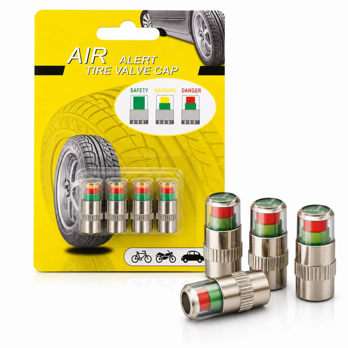 Car Tyre Pressure Indicator Valve Caps for Bikes & Cars Visual Air Pressure Alert (Green/Yellow/Red) Leak-Proof Design Universal Fit (Pack of 4)