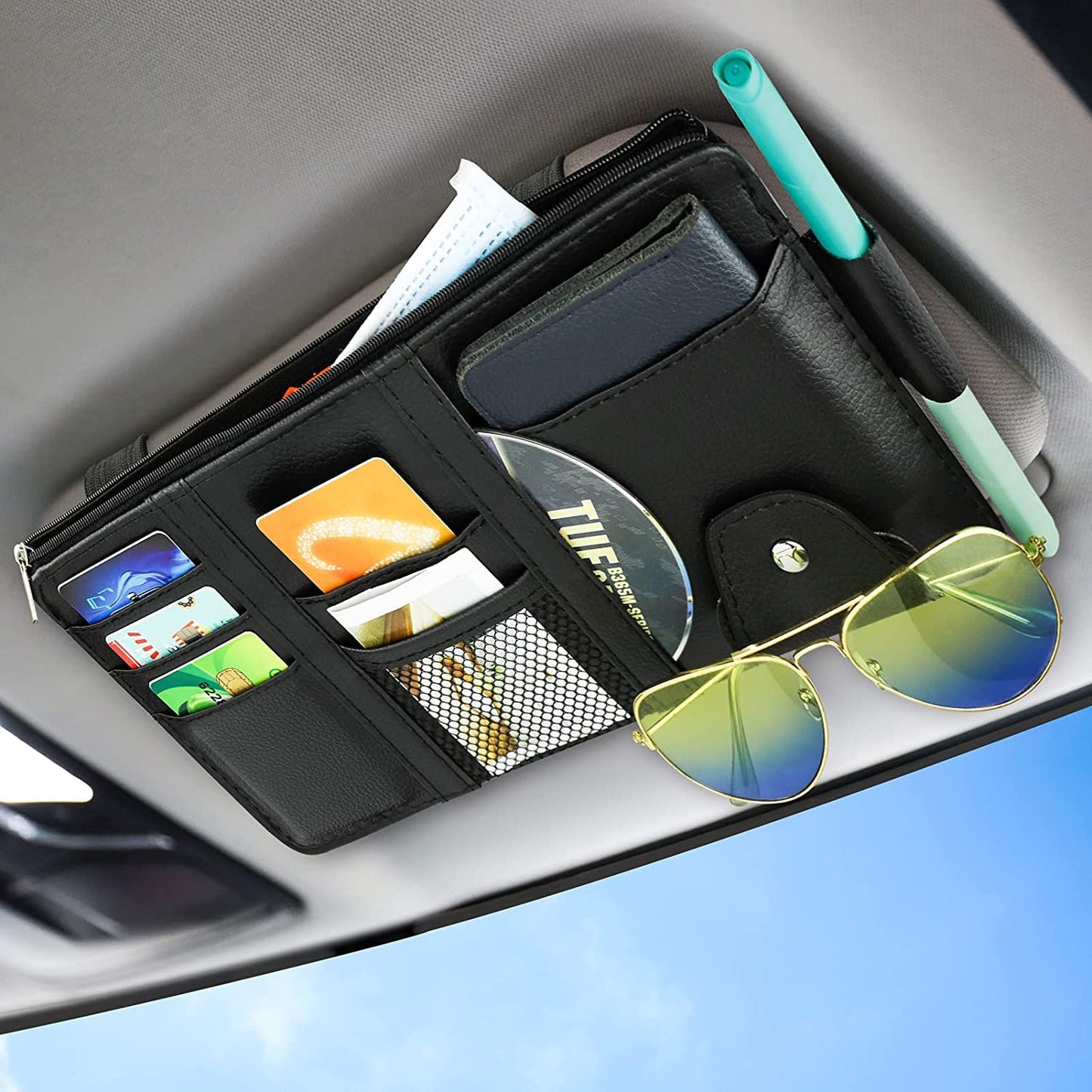 Car Visor Organizer Sun Visor Organizer for Car Pens, Sunglasses and Document Pockets (Black) zeetas