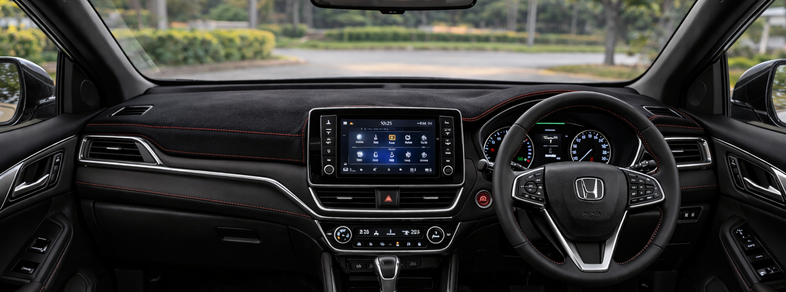 Car interior with dashboard, steering wheel, and center console.