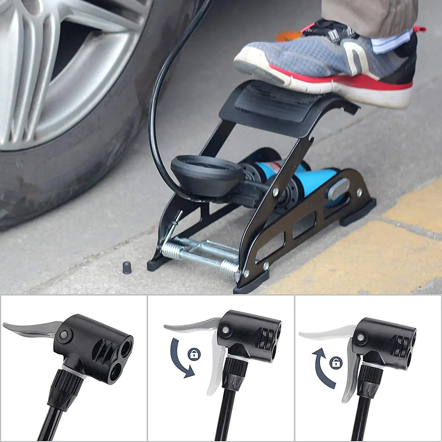 Car Double Cylinder Portable Foot Pump Air Tyre Inflator with Pressure Gauge for Car Tyres - zeetas