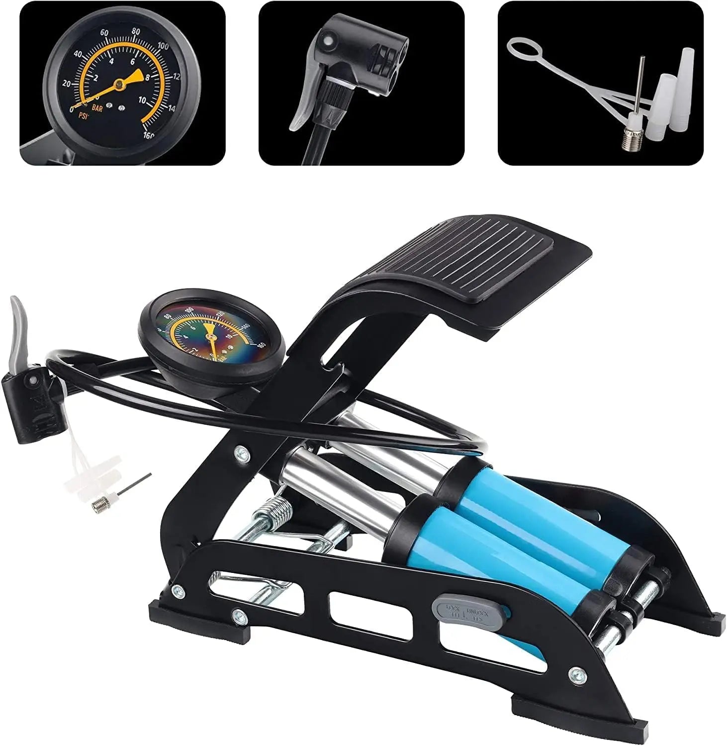 Car Double Cylinder Portable Foot Pump Air Tyre Inflator with Pressure Gauge for Car Tyres - zeetas